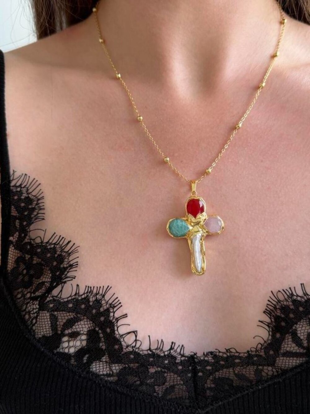 Sku0043‎ Necklace gold chain pendant cross natural white pearl blue pink red